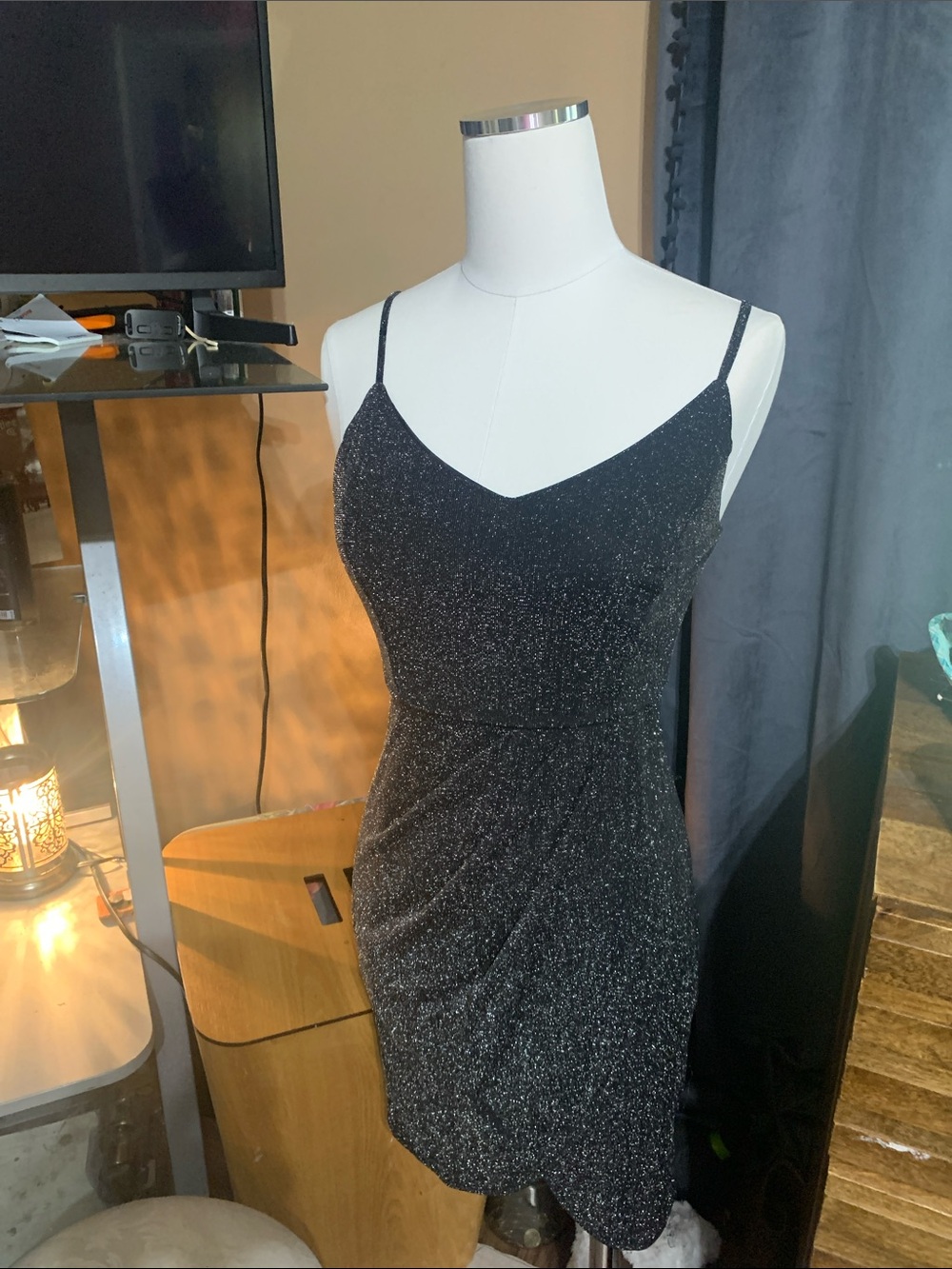 Women's Black Sparkle Mini Slip Dress with Spaghetti Straps